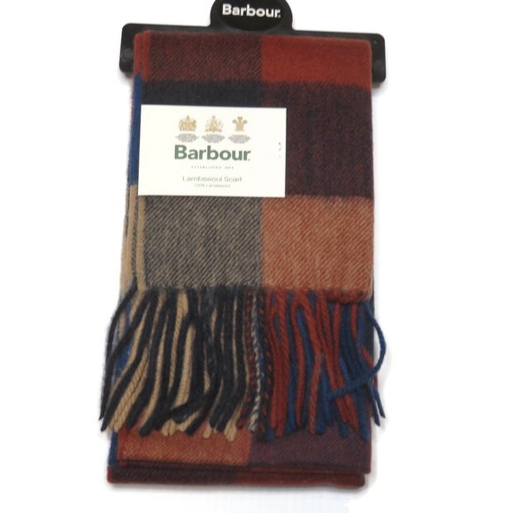 Barbour Tattersall Wool Scarf Large Navy Caramel - Picture 8 of 10